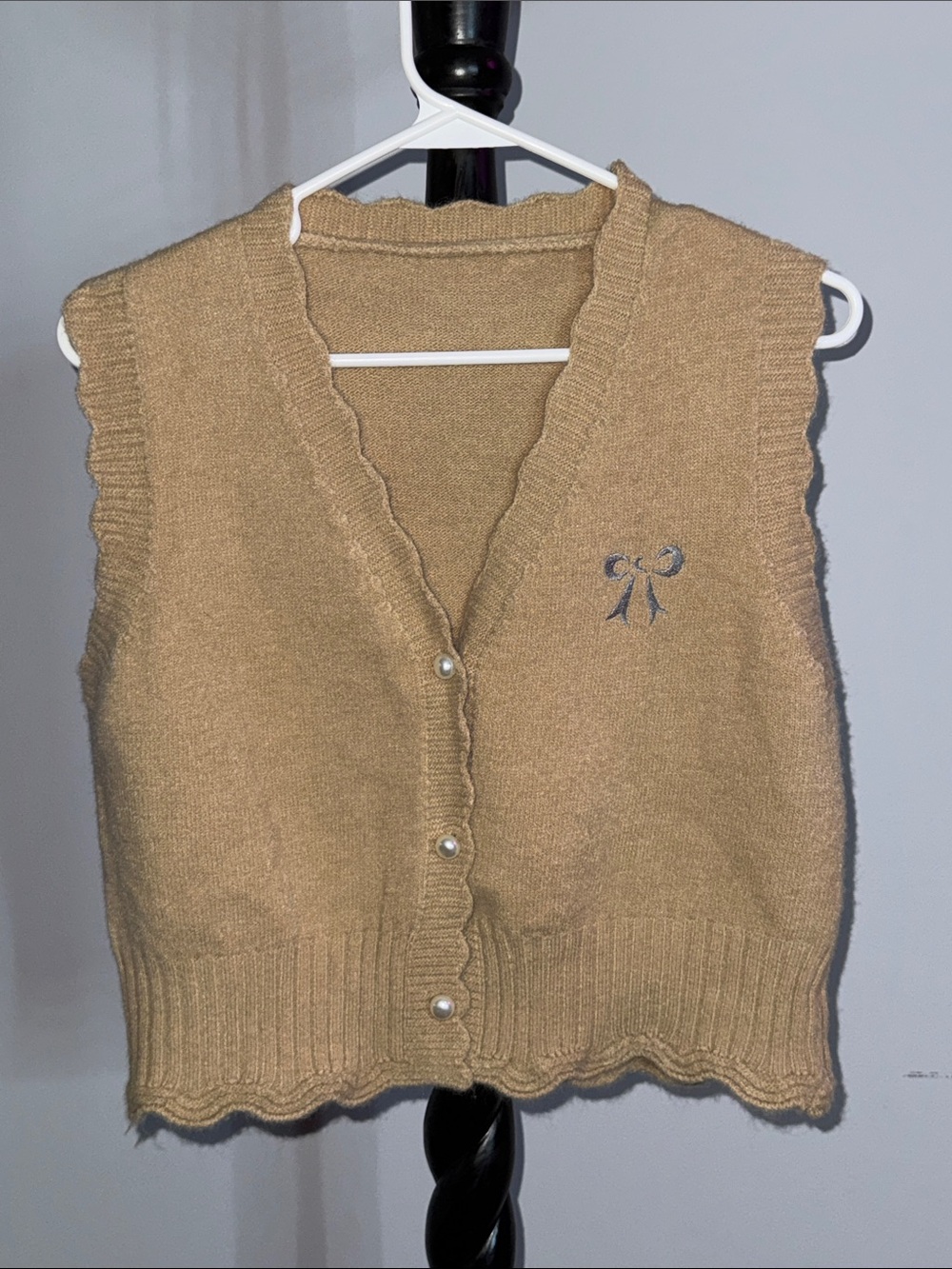 Beige Knit Button-Front Sweater Vest with Bow Detail